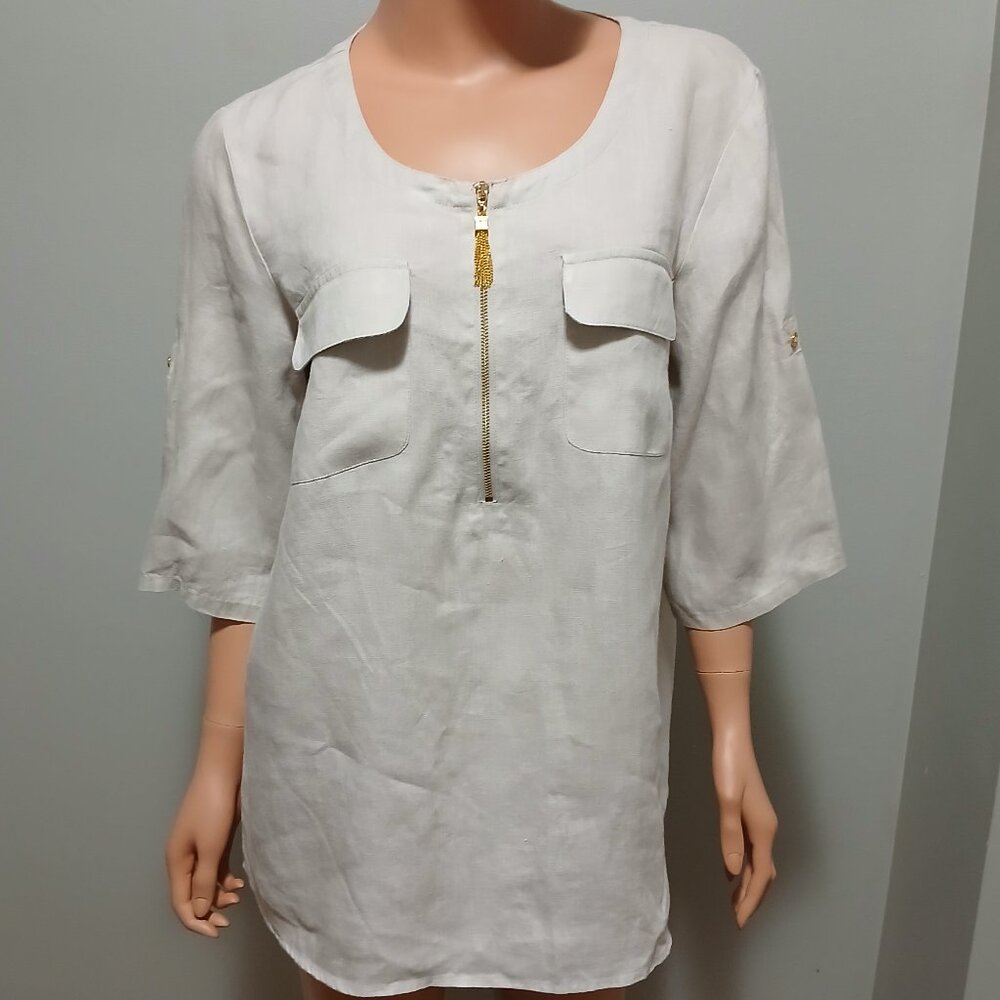 Ellen Tracy Pure Linen Top 3/4 Sleeves Size Large Tan Color